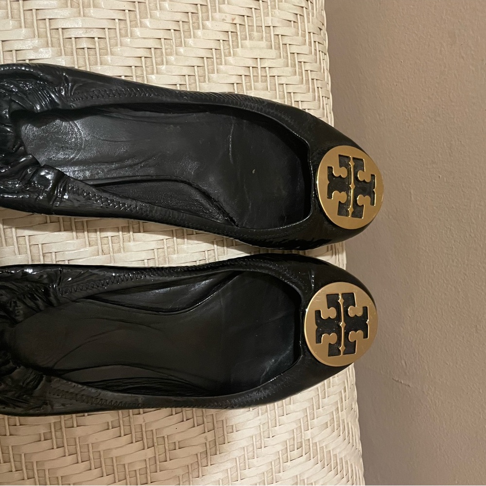 Tory Burch Black Flats with Gold Emblem